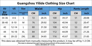 Size chart for pumpkin print denim shorts with EU, US sizes, waist and hip measurements