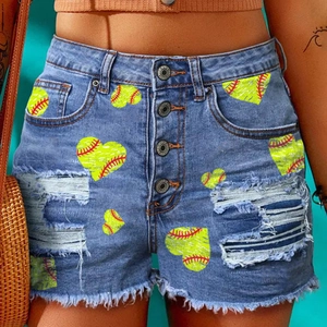 Women High Waisted Ripped Denim Shorts Heart Baseball Print Distressed Frayed Hem Light Blue Jean Hot Pants Summer Fashion