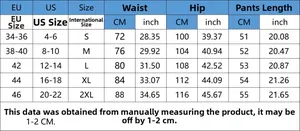 Detailed size chart for women's printed straight denim shorts from size S to 2XL