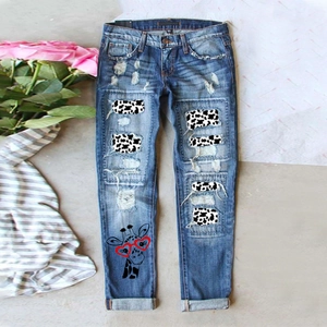Jeans Femme Mode Déchiré Jambe Droite Taille Moyenne Pantalon en Denim Usé Avec Patch Imprimé Vache et Graphique Dessin Animé