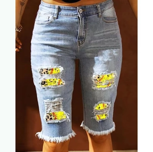 Women High Waist Ripped Denim Shorts Distressed Bermuda Shorts With Leopard And Softball Print Patchwork Five Point Pants