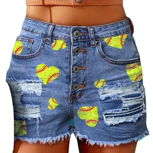 High waist light blue denim shorts featuring baseball heart print and distressed frayed hem