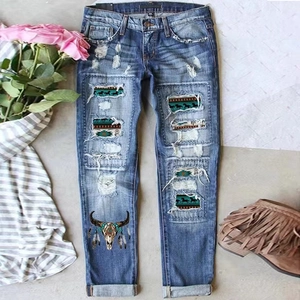 Women Bohemian Ripped Straight Leg Jeans Ethnic Patchwork Pony Bull Skull Print Distressed Mid Waist Denim Pants Casual