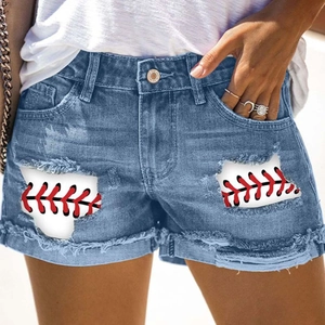 Women's Casual Ripped Denim Shorts Light Blue Washed Baseball Print Patch Distressed Jeans Hot Pants Raw Hem Streetwear Bottoms