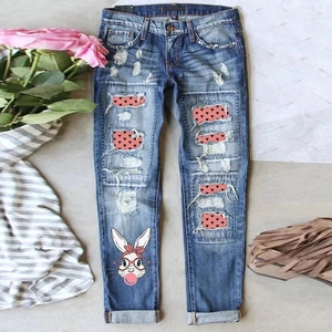 Women Streetwear Washed Ripped Straight Jeans Heart Patch Cartoon Rabbit Print Valentine Day Denim Pants Blue Trouser