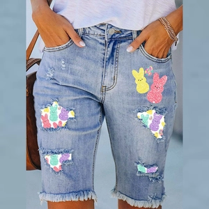 Women Casual Distressed Denim Shorts Easter Bunny Printed Frayed Hem Ripped Jeans High Waist Straight Leg Summer Shorts