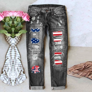 Jeans Femme Taille Moyenne Jambe Droite Déchiré Streetwear Pantalon en Denim Avec Patchs Imprimés Drapeau Américain