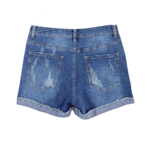 Women's blue high waist denim shorts with distressed back pockets and folded hem