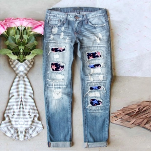 Women's Independence Day Star Print Ripped Straight Leg Jeans Vintage Washed Distressed Denim Pants Casual Streetwear