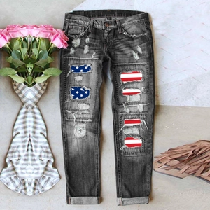 Jeans en Denim à Jambes Droites Déchirés Jour de l'Indépendance pour Femmes Avec Patchwork Drapeau Américain Taille Moyenne Pantalons Streetwear