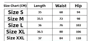 Detailed size chart for women denim shorts showing length, waist and hip measurements