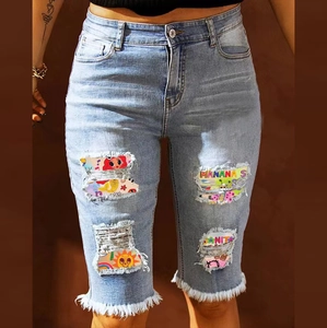 Women High Waist Ripped Denim Bermuda Shorts With Cartoon Print Raw Hem Light Blue Washed Streetwear Casual Jeans