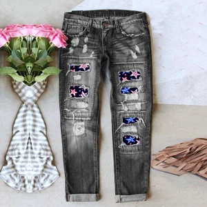 Distressed dark grey straight leg jeans with patriotic American star patch details