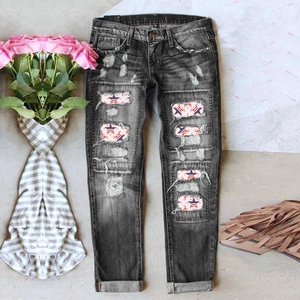 Jean denim gris foncé délavé avec détails de patchwork à motif d'étoiles vintage