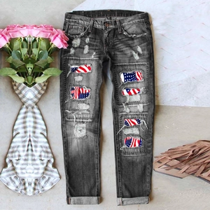 Jeans en Denim Déchiré avec Drapeau Américain pour Femmes Jour de l'Indépendance Lavé Coupe Droite Streetwear Décontracté