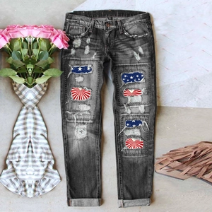 Jeans Femme Taille Haute Jambe Large Déchiré Distressed Pantalon Denim Droit Patchs Drapeau Américain Streetwear