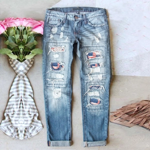 Women American Flag Ripped Jeans Independence Day Distressed Denim Pants Straight Leg Mid Waisted Streetwear Trousers
