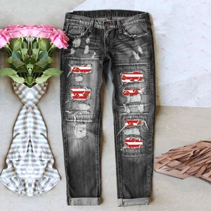 Pantalon en Jean Déchiré à Jambe Droite et Taille Haute pour Femme avec Patch Rugby Denim Délavé Streetwear