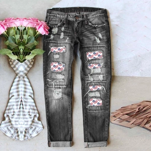 Women's High Waisted Ripped Straight Leg Denim Jeans With US Flag Print Distressed Washed Streetwear Pants
