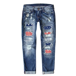 Jean taille haute patte d'éléphant avec déchirures et patchs motif drapeau américain