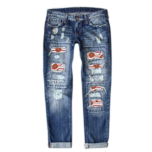 Women's vintage distressed wide leg jeans with American football patchwork patterns