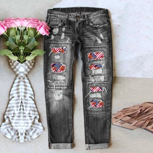 Jeans a vita alta grigio scuro invecchiati con toppe stampate bandiera football americano