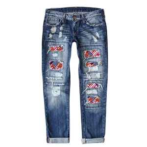 Jeans denim donna a vita alta strappati con toppe con bandiera americana e rugby