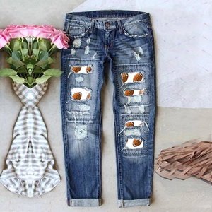 Jean Femme Coupe Droite Déchiré Pantalon en Denim Taille Haute Avec Patchwork Imprimé Drapeau Américain Rugby Casual Streetwear