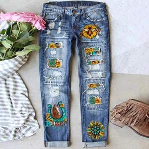 Damen Western Stil Zerrissene Jeans Sonnenblume Biene Pferd Druck Hohe Taille Gerade Denim Hose