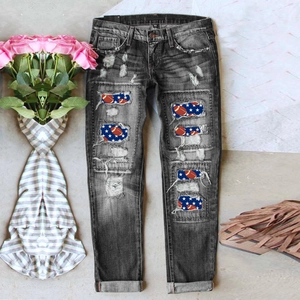 Women Independence Day Distressed Denim Jeans American Football Star Print High Waist Straight Leg Casual Denim Trousers