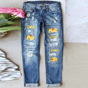 Women Casual Ripped Denim Jeans Sunflower Print Distressed Patchwork Skinny Pencil Pants Mid Waist Streetwear Washed Blue Trousers