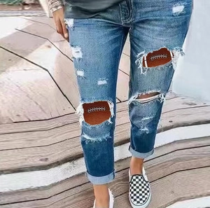 Jeans Déchirés Femme Avec Applique Rugby Football Bleu Clair Coupe Droite Pantalons Denim Casual Streetwear