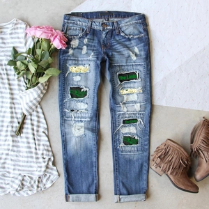 Jeans en Denim à Jambe Droite Déchiré Décontracté pour Femmes Avec Écusson Lettre Florale Pantalon Streetwear Bleu à Taille Haute