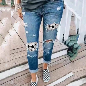 Pantaloni Donna Fashion Jeans Strappati Stampa Cuore Calcio Invecchiato Gamba Dritta Vita Media Denim Lunghi Casual Streetwear