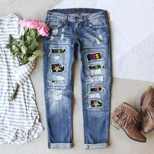 Jeans Denim Distressed da Donna Con Patch a Stella Ricamate Vita Media Gamba Dritta Pantaloni Lunghi Vintage Streetwear