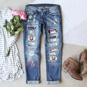 Jeans da Donna Vintage Blu Lavato a Gamba Dritta Strappati con Stampa Grafica Streetwear Moda Pantaloni Lunghi Casual