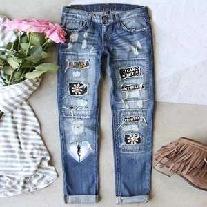 Women's Fashion Distressed Denim Jeans Floral Patchwork Straight Leg Mid Waist Washed Blue Streetwear Long Trousers