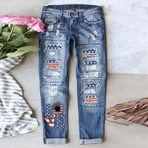 Women Distressed Ripped American Flag Patch Jeans Mid Waist Straight Leg Denim Pants Sunflower LOVE Print Streetwear