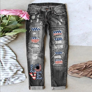 Distressed grey straight jeans with US flag patches and sunflower LOVE print detailing