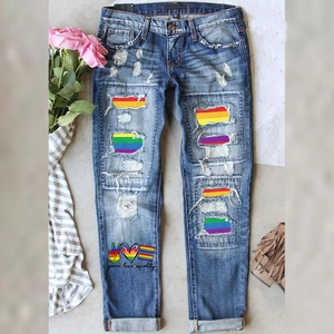 Women's Ripped Cotton Denim Jeans Rainbow Patch Print Straight Leg Mid Waist Distressed Washed Jeans Casual Streetwear