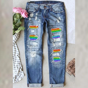 Womens Ripped Straight Leg Denim Jeans Rainbow Sequin Mid Waist Distressed Washed Blue Casual Fashion Pants Daily Street
