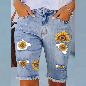 Women's Light Blue Sunflower Print Ripped Denim Shorts Frayed Hem Mid Waist Distressed Straight Leg Summer Streetwear