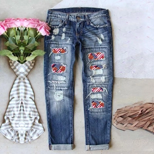 Jeans in Denim Strappati a Vita Alta da Donna Con Stampa American Football E Stars Stripes Pantaloni Dritti Effetto Usurato