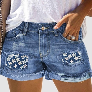 Women Sexy Ripped Denim Shorts Floral Patchwork Distressed Cuffed Hem Casual Summer Jeans Hot Pants Mid Waist Frayed Edge