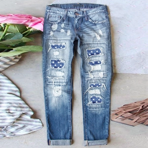 Damen Independence Day Stern Print Distressed Jeans Zerrissen Mittlere Taille Gerades Bein Denim Hose Casual Streetwear Mode