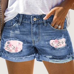 Women Casual Ripped Denim Shorts Pink Hibiscus Floral Print Mid Waist Distressed Cuffed Raw Hem Jean Shorts For Summer