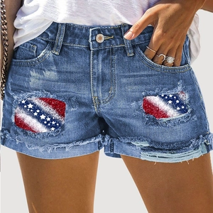 Women Distressed Denim Shorts American Flag Patch Ripped Jean Shorts Sexy Mid Waist Cuffed Hem Summer Casual Bottoms
