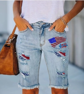 Women Ripped Denim Shorts American Flag Printed Distressed Mid Waist Raw Hem Shorts Independence Day Holiday Outfit