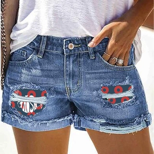 Short en Jean Taille Moyenne pour Femmes Déchiré Distressed Short en Jean Ourlet Effiloché Avec Doublure Imprimée Cercles Été Décontracté