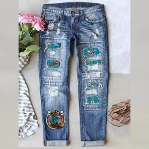 Women Western Cowboy Patchwork Ripped Jeans Distressed Dark Blue Straight Leg Denim Pants With Horse Carriage Print Mid Waist